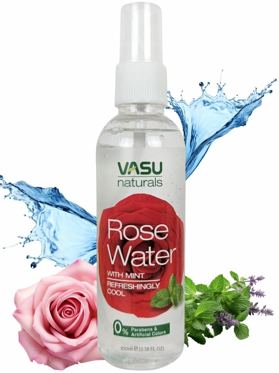 Розовая вода Vasu с мятой освежающая и охлаждающая (Rose water with mint) спрей 100 мл