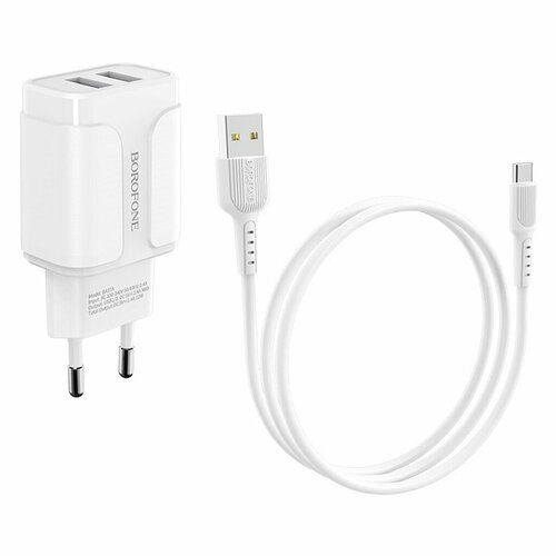 Зарядное устройство Borofone BA37A Speedy, белый (2xUSB, 2.4A, кабель Type-C) зарядное устройство borofone ba49a usb 2100ma огнестойкий пластик кабель type c чёрное 1 шт