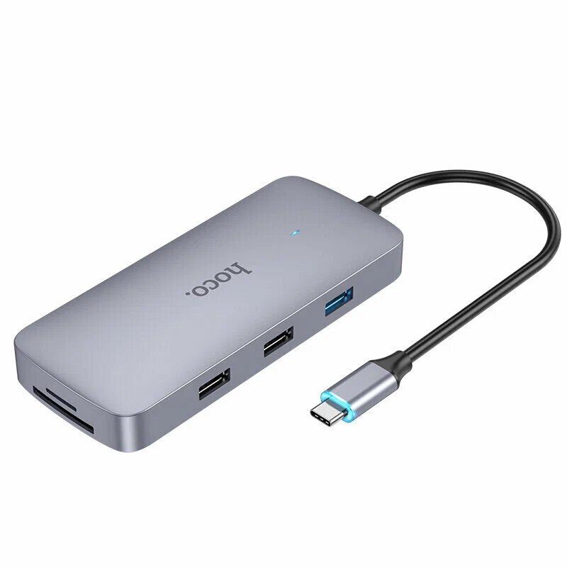 Адаптер HOCO HB32 8-in-1, Разветвитель Type-C to HDMI + RJ45 + USB2.0*2 + USB3.0 + SD + microSD + USB-C 100W, Хаб Серый
