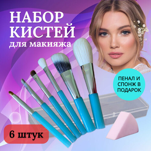 Набор профессиональных кистей для макияжа из 6 штук в пенале + спонжик