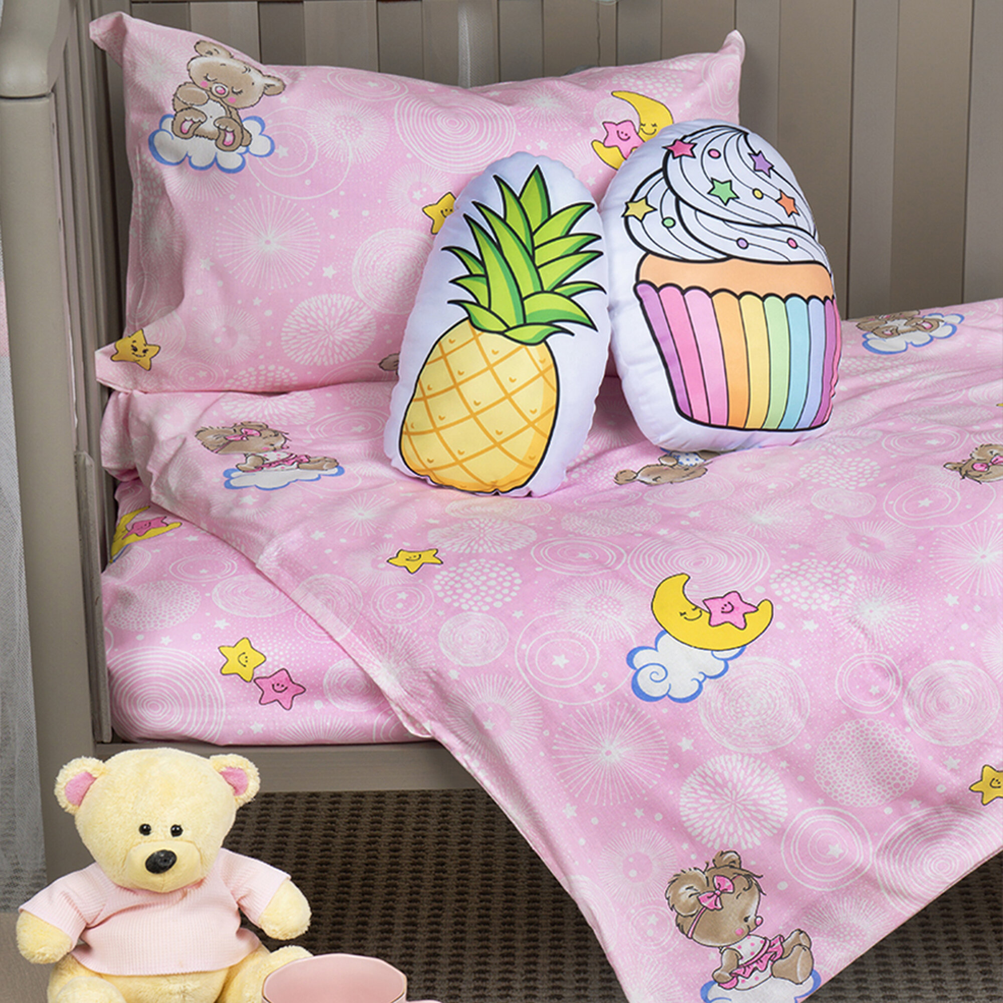 Комплект постельного белья Детский в кроватку Galtex Мишки в облаках бело-розовый