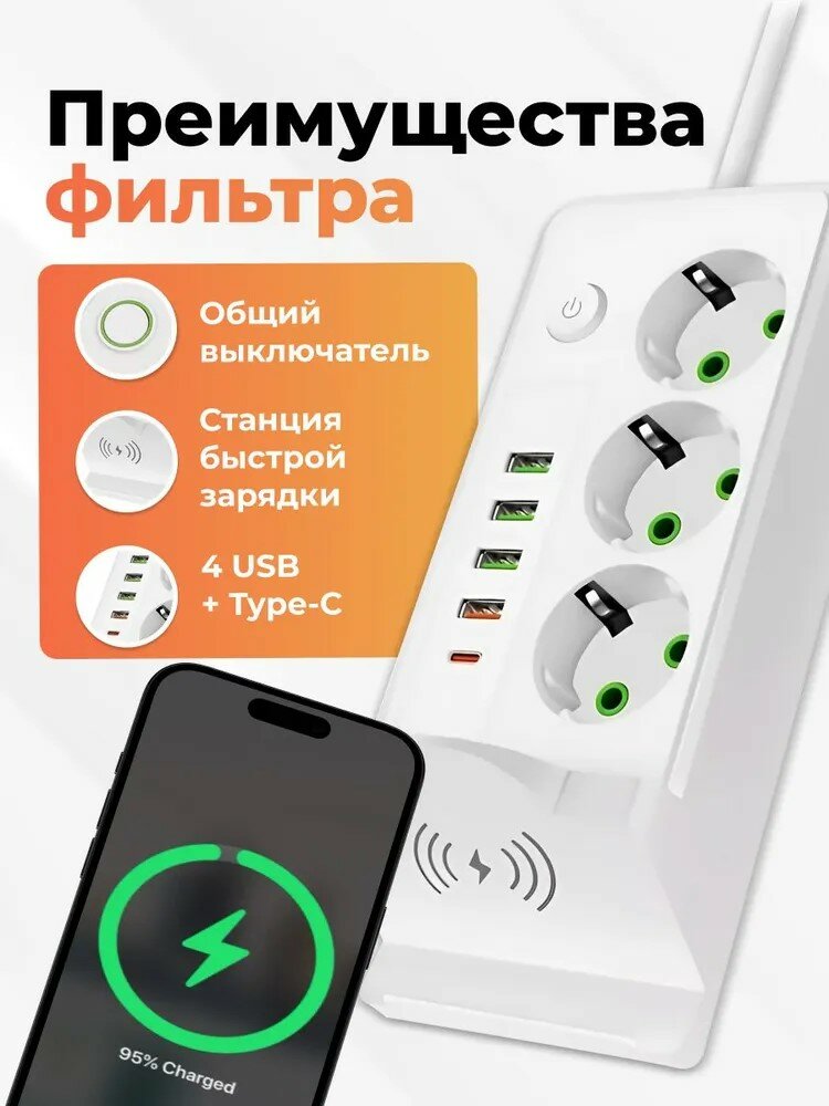 Сетевой фильтр с быстрой беспроводной зарядкой, сетевой фильтр удлинитель, 4 USB, 3 розетки, Type-C, провод 3 метра, выключатель на корпусе, белый — фото 1