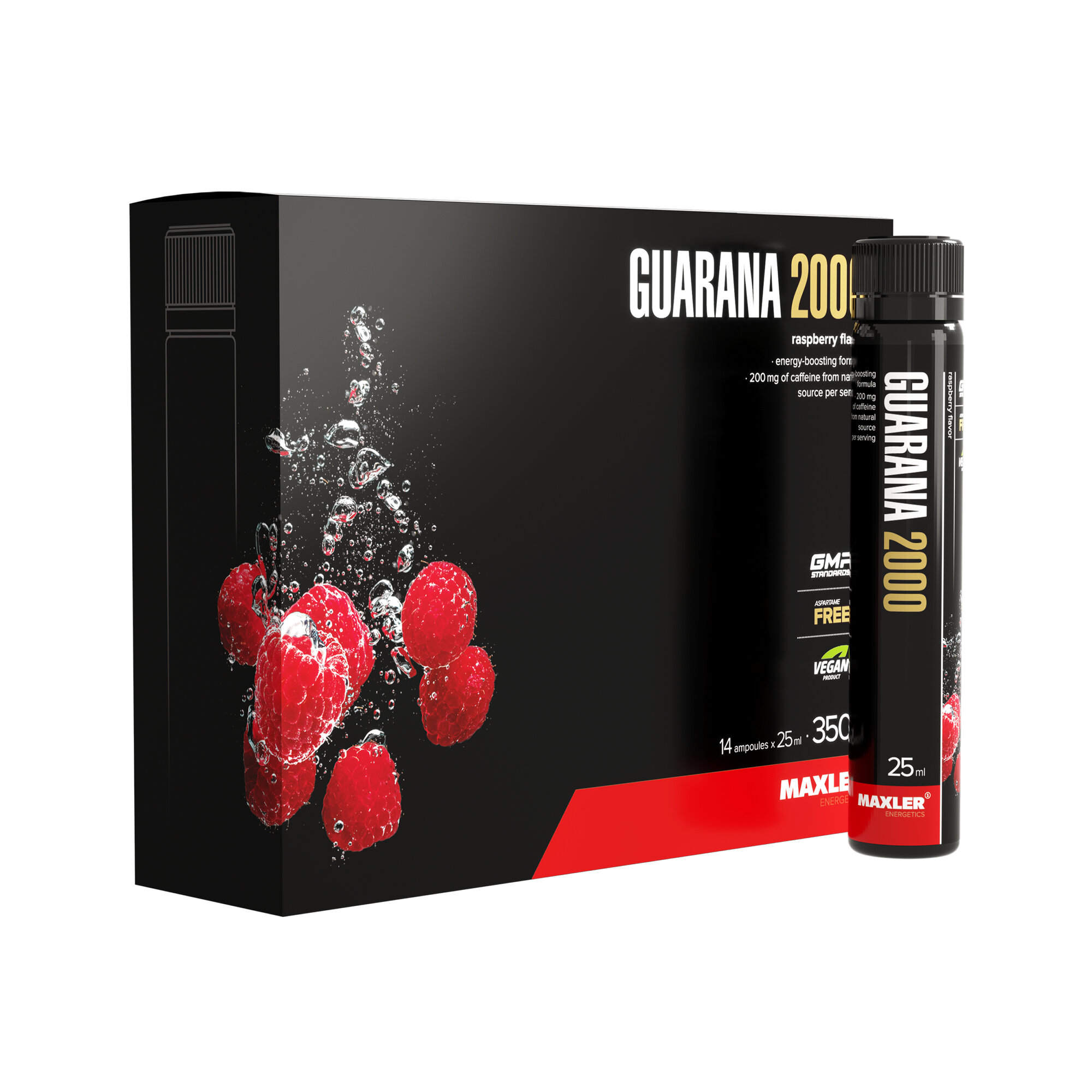 Энергетический комплекс Maxler Guarana 2000 со вкусом Малины, 14х25мл, 2000 мг гуараны, 200 мг кофеина, Витамины С, В1 и В6