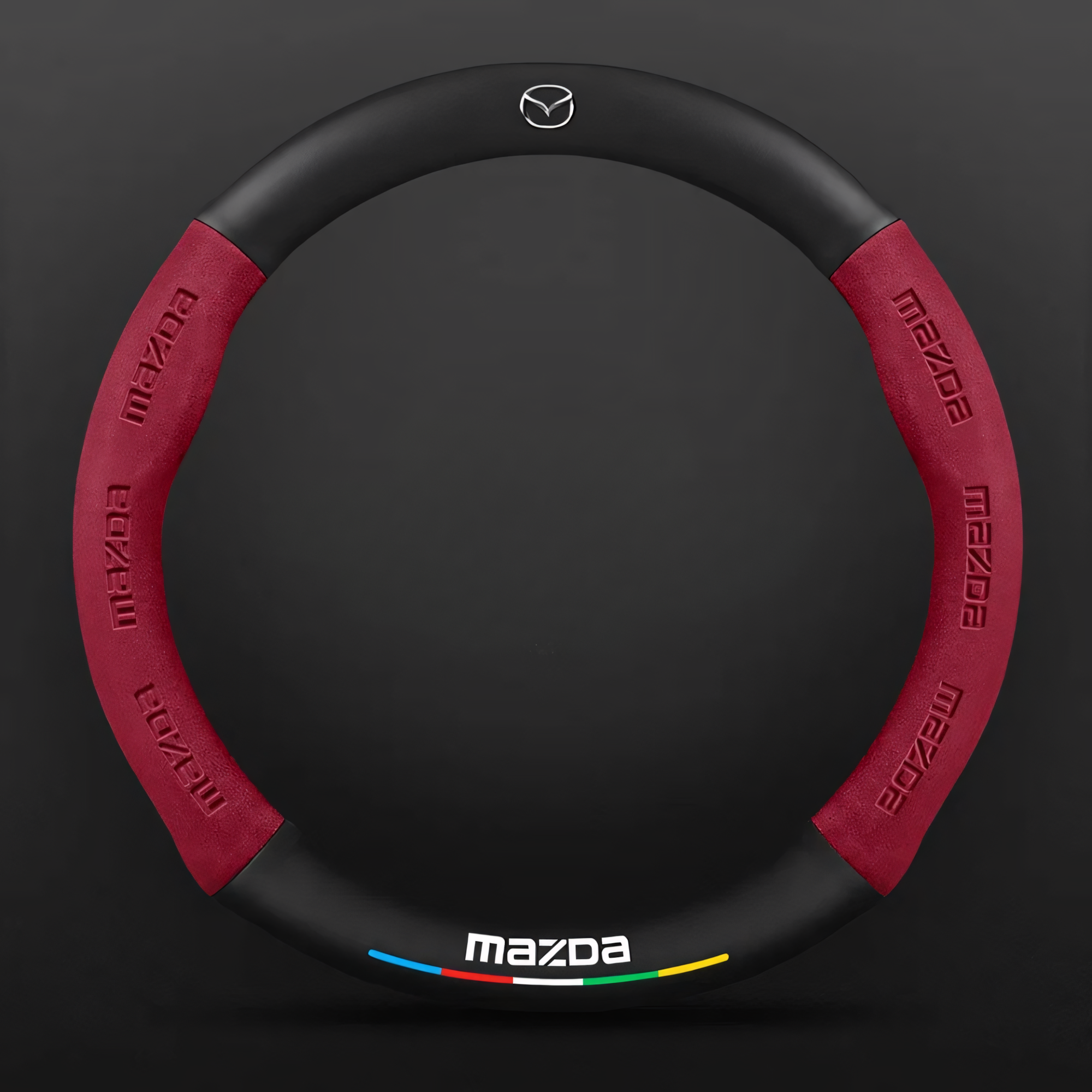 Чехол на руль с логотипом Mazda, гладкая фактура, натуральная кожа, 38 см, красный/черный