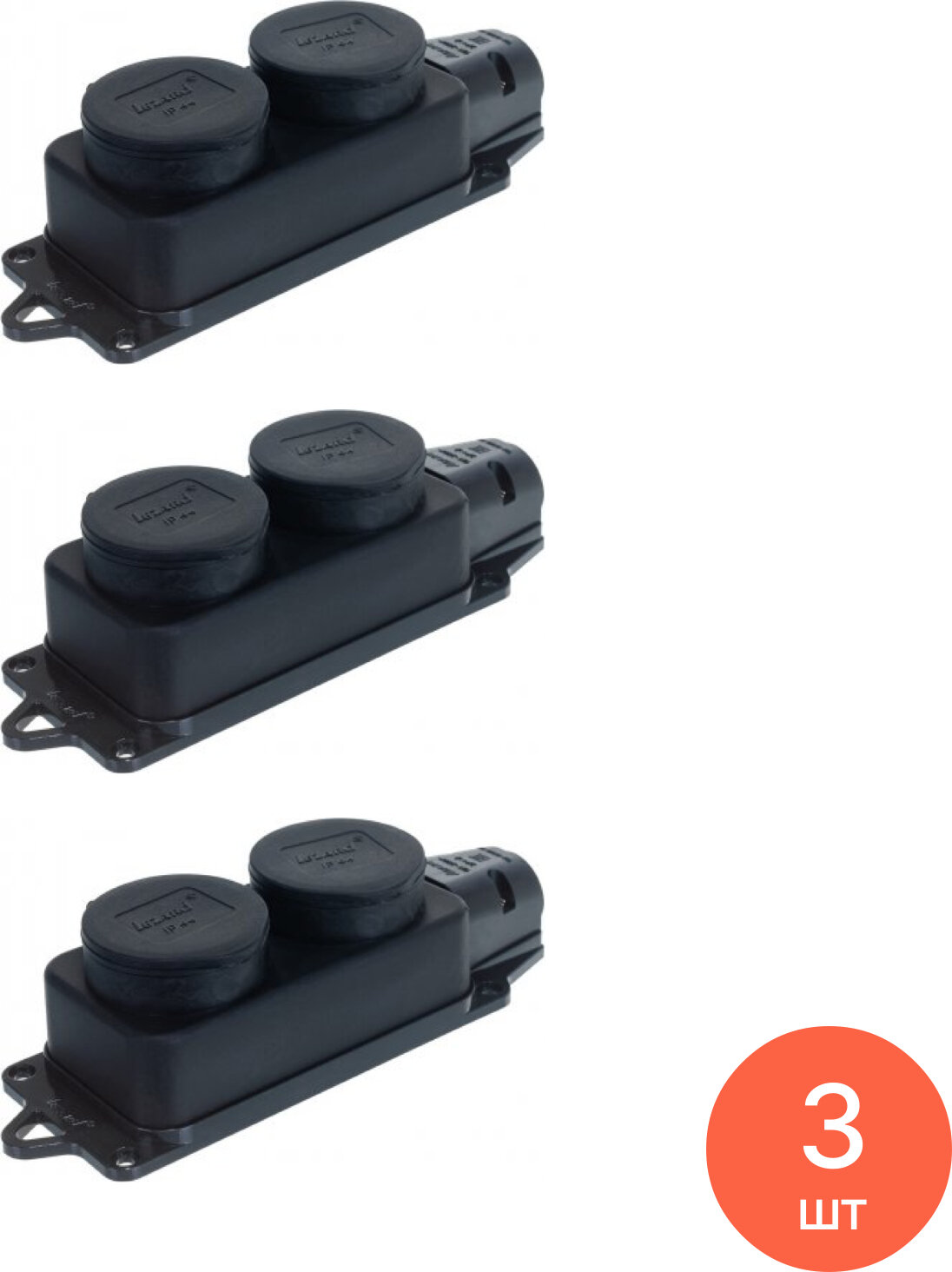 Блок розеток Lezard / Лезард 2Р+РЕ 2 гнезда 16 А 220-240V с заземлением наружной установки накладной с заглушками каучук черный 106-0400-0110 / колодка электрическая для удлинителя (комплект из 3 шт)