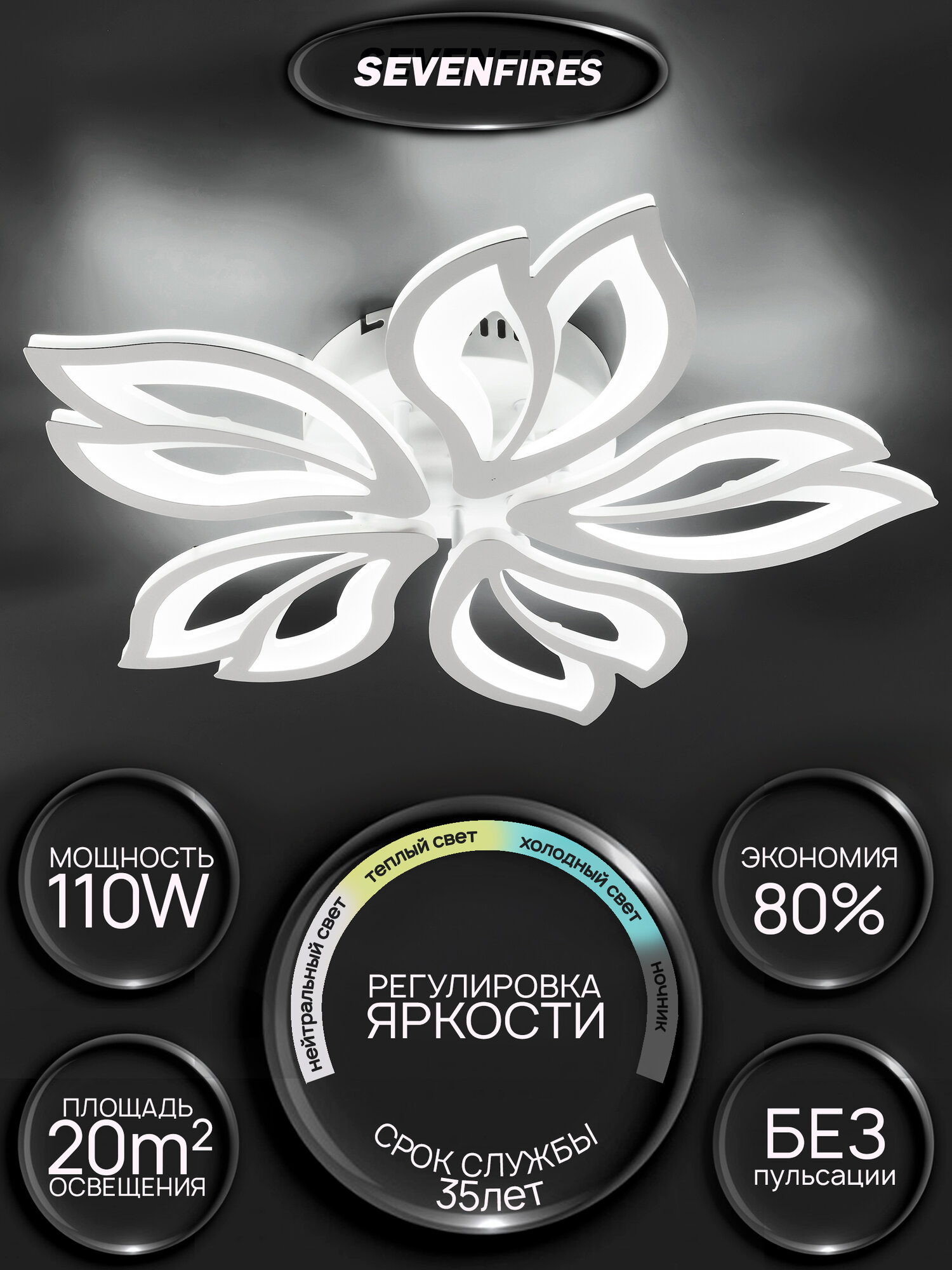 Люстра потолочная светодиодная Семь Огней, белая с пультом, до 15 кв. м.