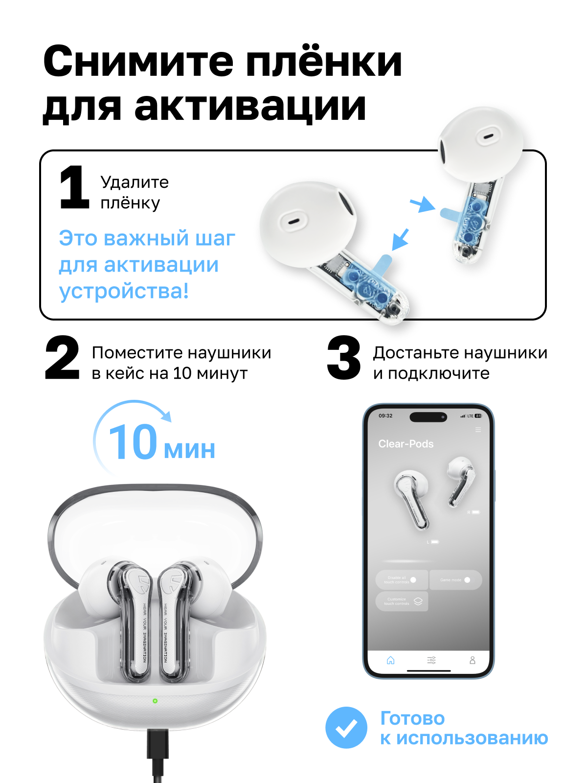 Наушники беспроводные SoundPeats Clear-Pods, белые, 40 часов работы — фото 1
