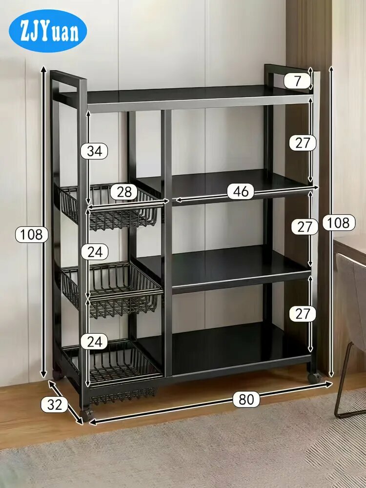 Стеллаж для кухни металл напольный с колесами 4 полки 80х32х108.5 см подходит для кухни ванной комнаты гостиной
