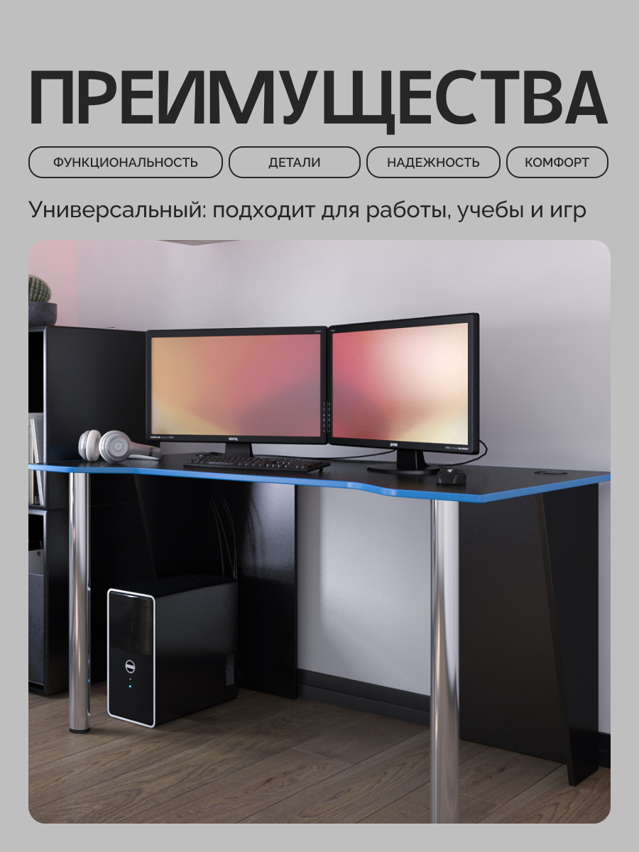 Стол компьютерный, письменный, игровой LevelUP 1400 Черный/Голубой, 140*74*73.2 см. — фото 1