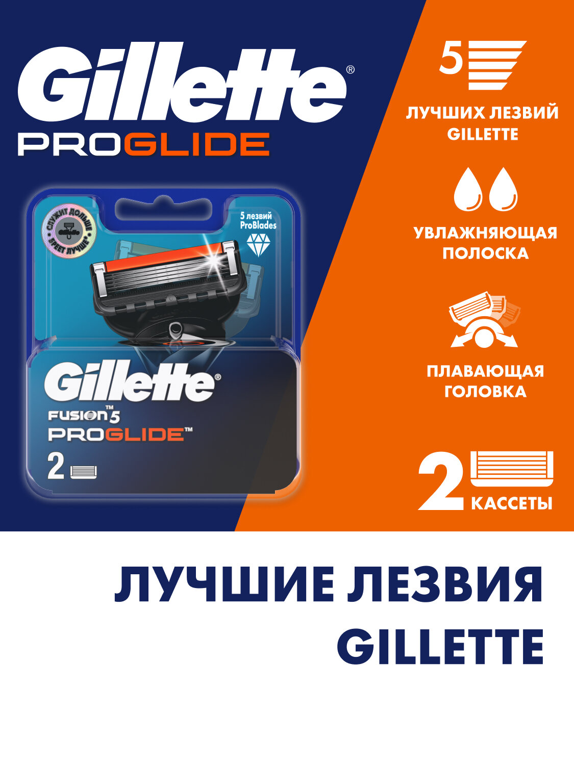 GILLETTE Fusion 5 ProGlide Сменные кассеты для бритья с 5 лезвиями, мужские, 2 шт