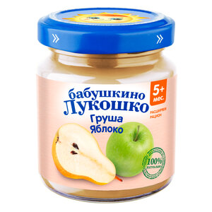Пюре Бабушкино Лукошко груша-яблоко, с 5 месяцев, стеклянная банка, 100 г, 6 шт.