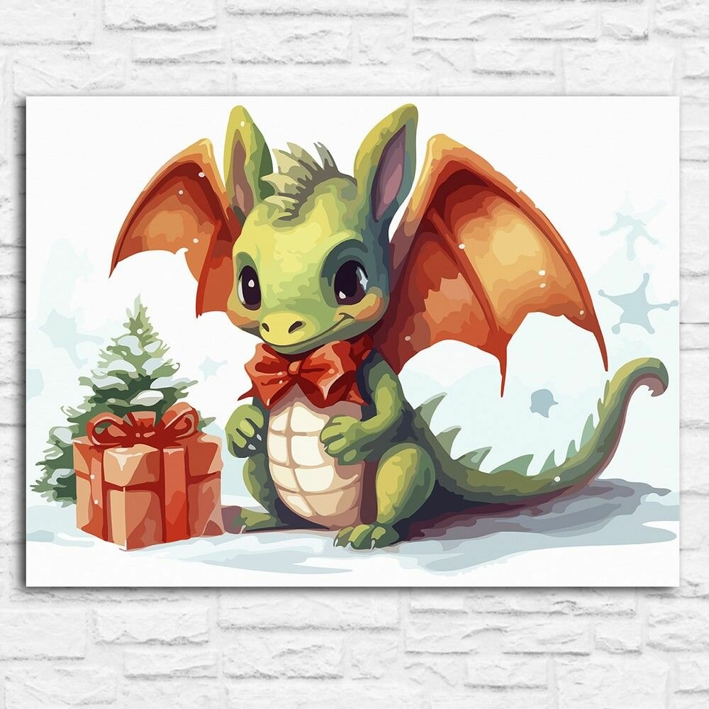 Картина по номерам на холсте новый год деревянный зеленый дракон (год дракона, рождество, фэнтези) - 12791 40х30