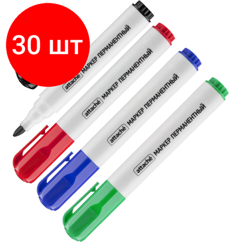 Комплект 30 наб, Набор маркеров перманентных ATTACHE 1.5-3мм. набор 4цв скошенный наконечник набор перманентных маркеров attache 1 5 3мм круглый наконечник синий черный красный зеленый 4шт 12 уп