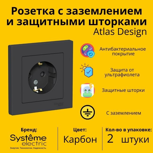 Розетка электрическая одноместная Schneider Electric (Systeme Electric) Atlas Design с заземлением,с защитными шторками в сборе 16А, Карбон ATN001044 - 2 шт.