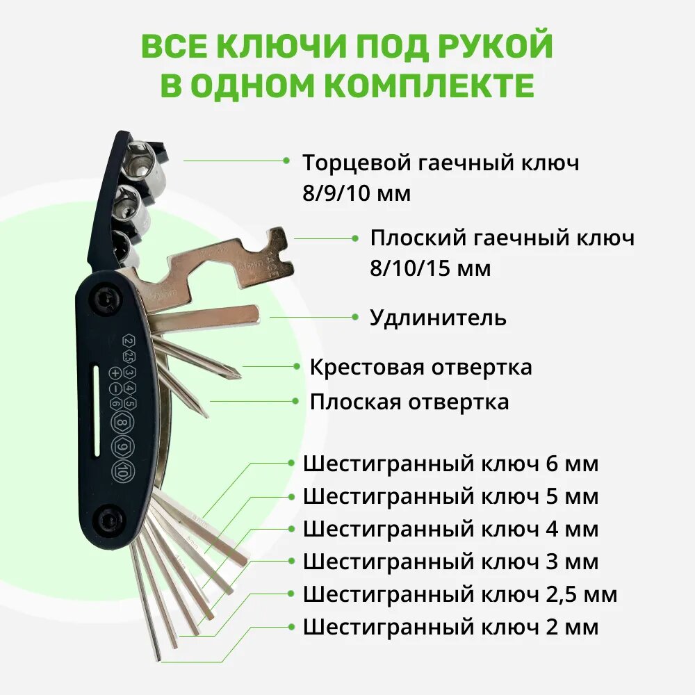 Мультитул для велосипеда 16 в 1 (ключи) с набором инструментов для ремонта шин и камер (без клея)