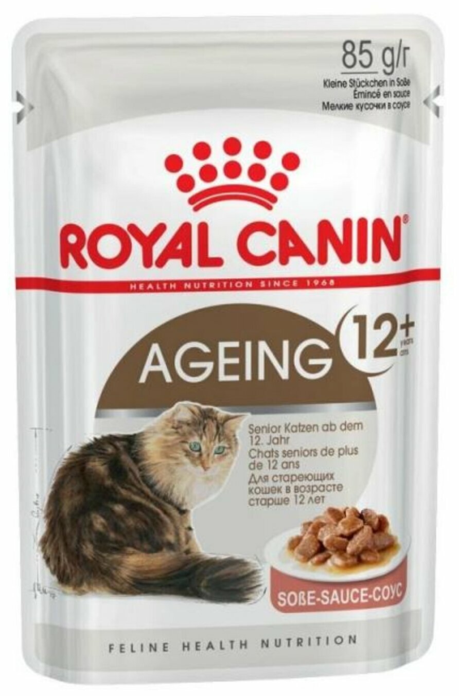 Влажный корм для пожилых кошек Royal Canin Ageing +12 для здоровья костей и суставов, профилактика избыточного веса 85 г (кусочки в соусе)