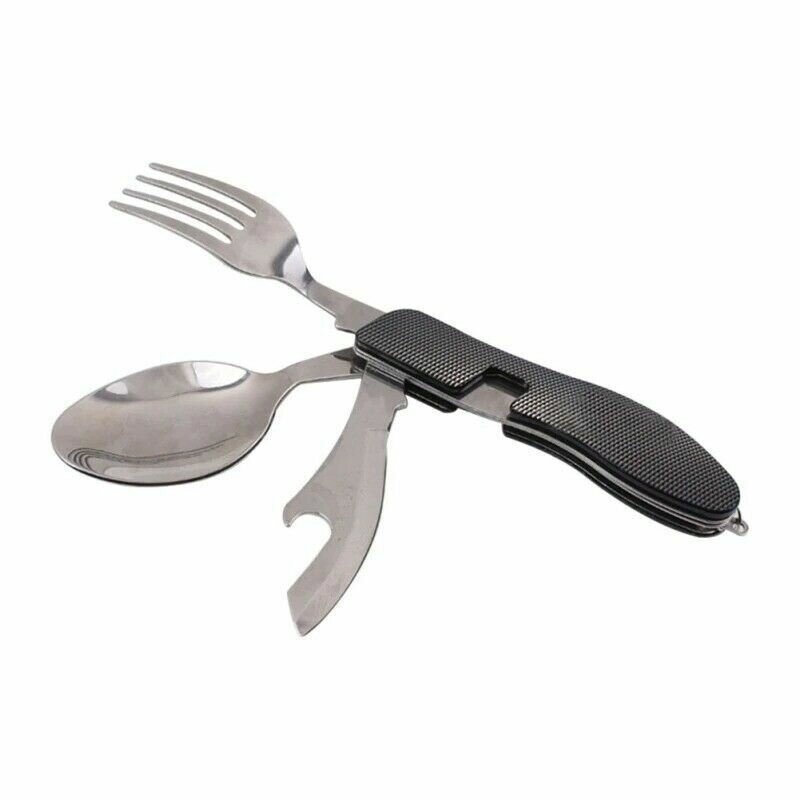 Набор походный раскладной нож, вилка, ложка, консервный нож. Мультитул туристический складной черный