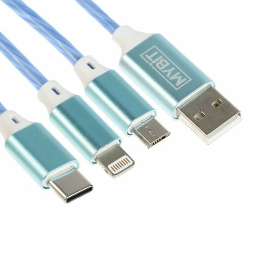 Кабель 3 в 1 MYBIT, microUSB/Type-C/Lightning - USB, динамическая LED подсветка, 2 А, 1 м, только зарядка mybit кабель mybit lightning usb динамическая led подсветка 2 а 1 м только зарядка