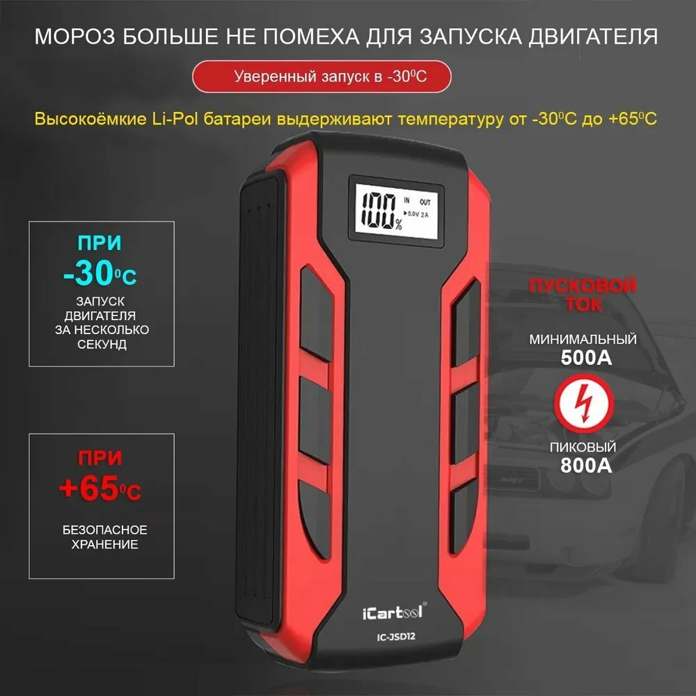 ICarTool Пусковое устройство 12В, 12 000 мАч, 500/800А IC-JSD12