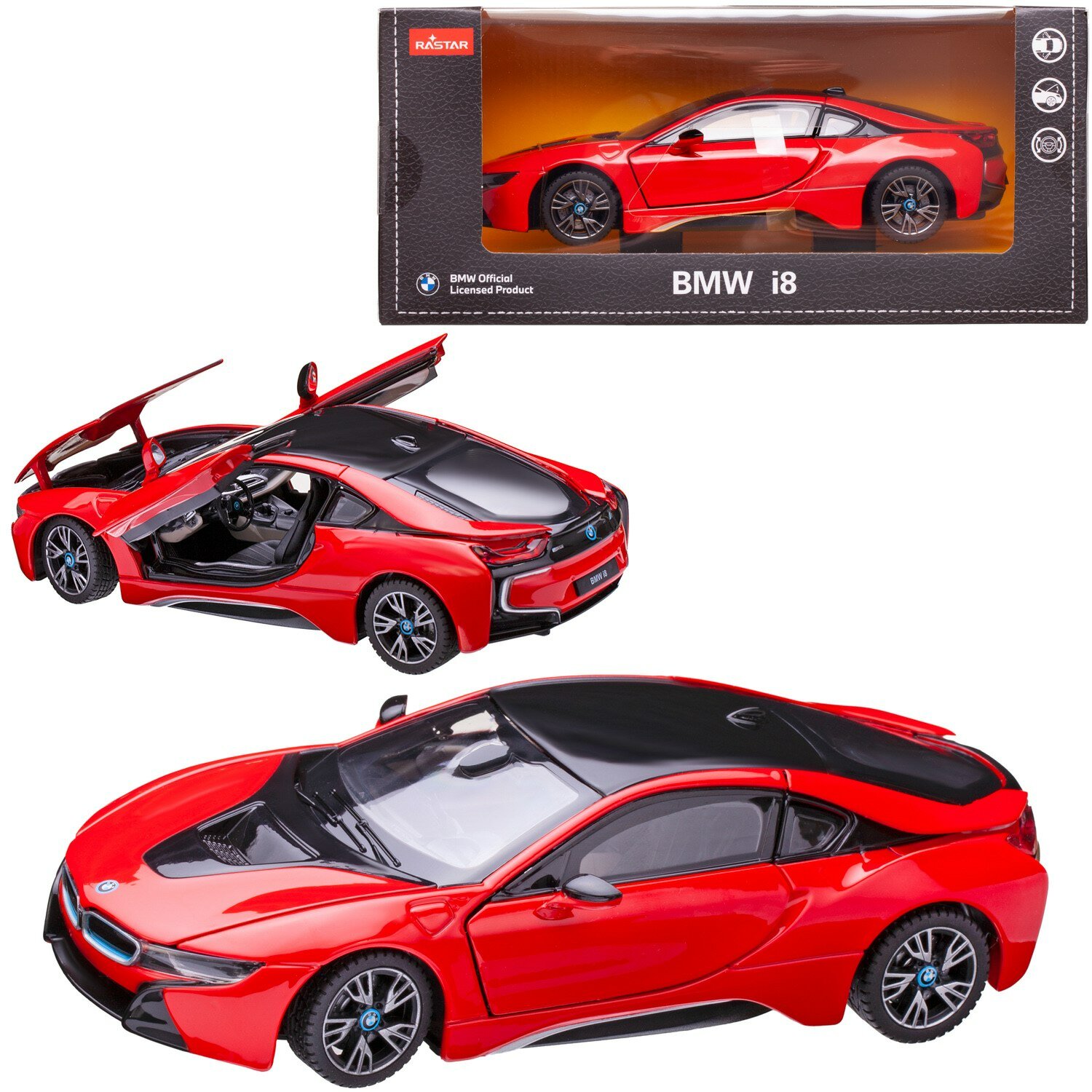 Машина металлическая 1:24 BMW i8, цвет красный, двери и капот открываются - Rastar [56500R]