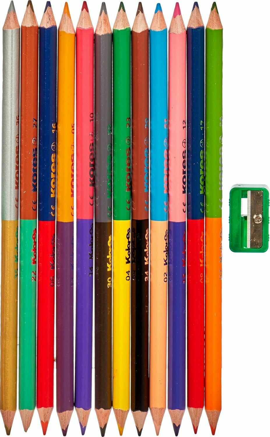 Карандаши цветные Kores двухсторонние, деревянные, трехгранные, толщина грифеля 3 мм, 24 цвета + точилка