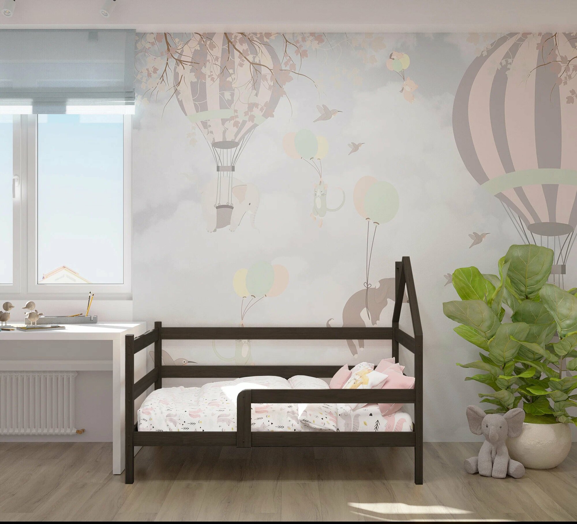 Кровать детская, подростковая "Софа-домик", спальное место 180х90, в комплекте с ортопедическим матрасом, масло "Графит", из массива