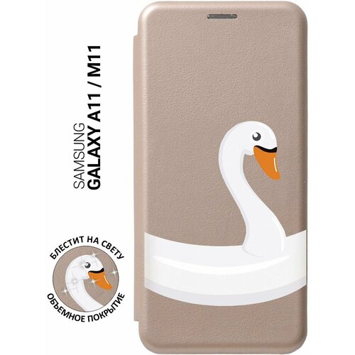 Чехол-книжка на Samsung Galaxy A11, M11, Самсунг А11, М11 с 3D принтом Swan Swim Ring золотистый чехол книжка на samsung galaxy j4 самсунг джей 4 плюс с 3d принтом swan swim ring золотистый