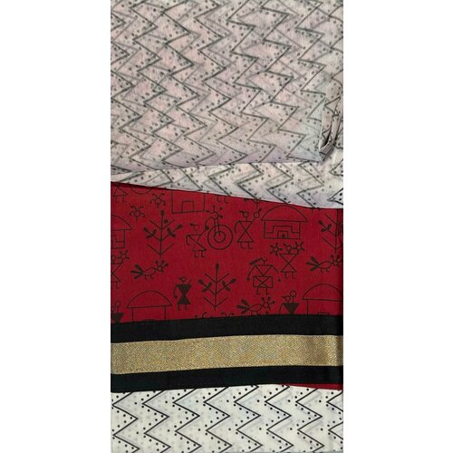 Купон сальвар-камиз + дупаtта С этническими рисунками варли, цвет красный С белым (отрез ткани для пошива туники (пенджаби), штанов и накидки), Cotton Warli Wit, 1 шт.
