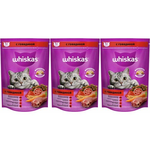 Whiskas/ Корм сухой полнорационный для взрослых кошек/ Вкусные подушечки с нежным паштетом. Аппетитное ассорти с говядиной 350г, 3 шт. корм для кошек whiskas подушечки с паштетом курица индейка сух 5кг