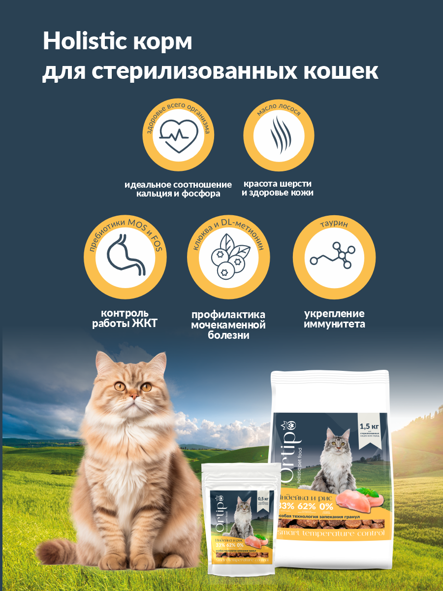 Сухой корм для кошек холистик Ortipo - индейка Sterilised(1,5кг). Для взрослых стерилизованных или пожилых кошек от 1 года. С пробиотиками.