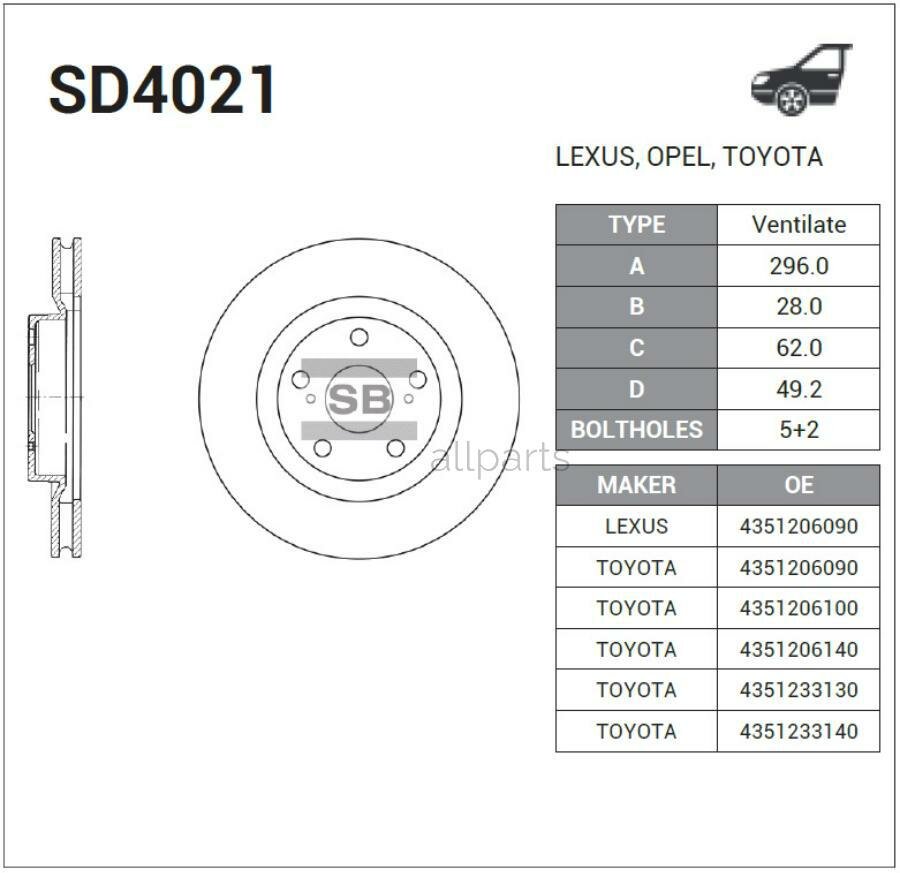 SANGSIN BRAKE SD4021 Диск торм. TOYOTA AURIS, CAMRI, RAV 4/LEXUS ES