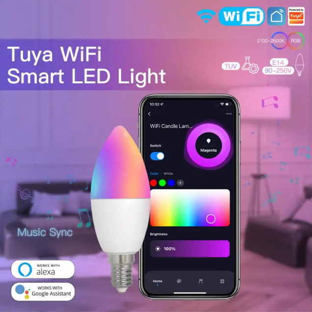 MICN Умная смарт-лампа свеча управляемая WI-FI Tuya Smart Алиса голосовым Е14 цоколь, RGB свет,9 Вт, Светодиодная