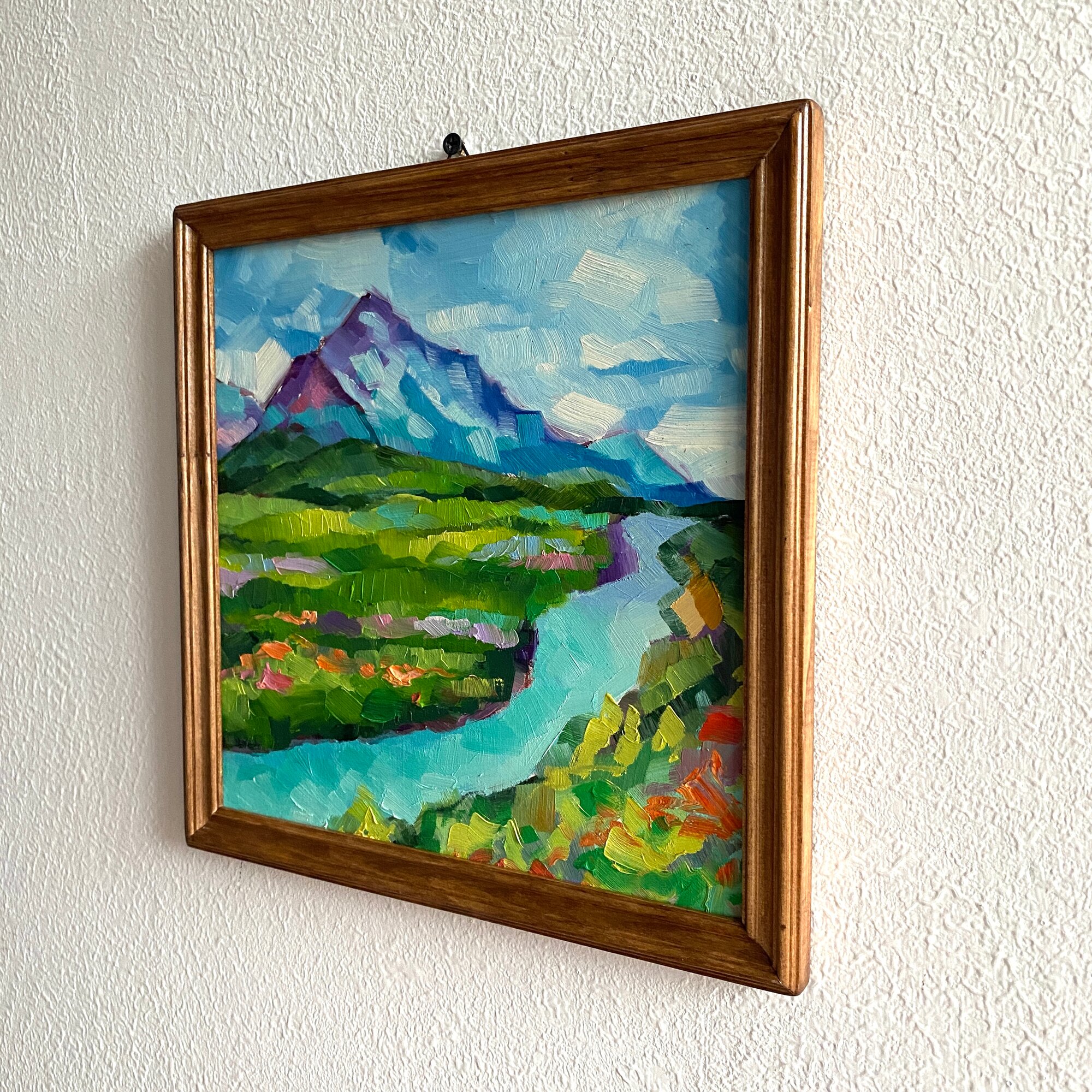 Горный пейзаж картина маслом в раме ручной работы 28х28см настоящая живопись гора поля река