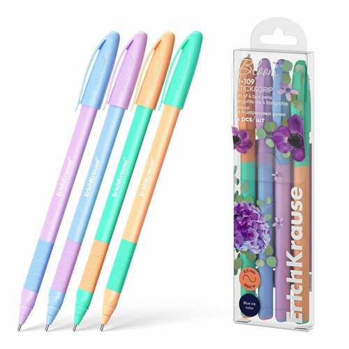 Набор ручек шариковых 4 штуки, ErichKrause U-109 Stick&Grip Pastel Bloom игольчатый узел 1.0 мм, чернила синие, микс