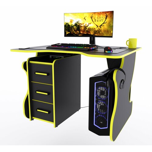 Игровой компьютерный стол Даги с тумбой 100x80x75 см чёрный с жёлтой кромкой 11970₽