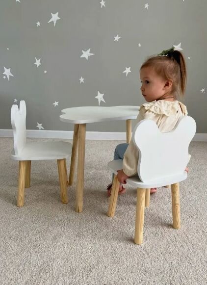 Детский стол облако белый и два стула мишка белый