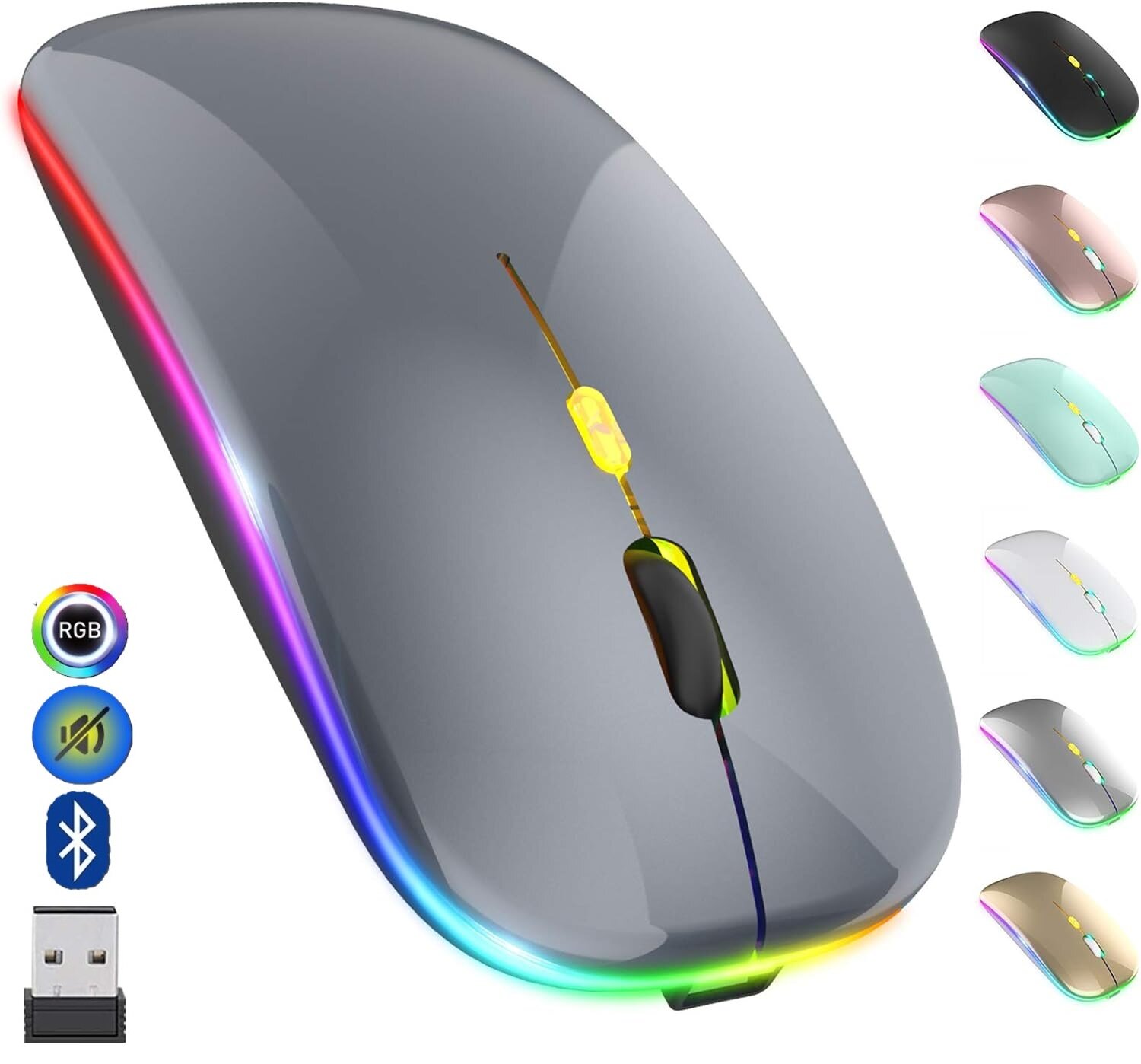 Беспроводная компьютерная мышь со встроенным аккумулятором и подсветкой RGB, Bluetooth, WiFi 2.4 гц, 3 регулируемых уровня DPI, серый