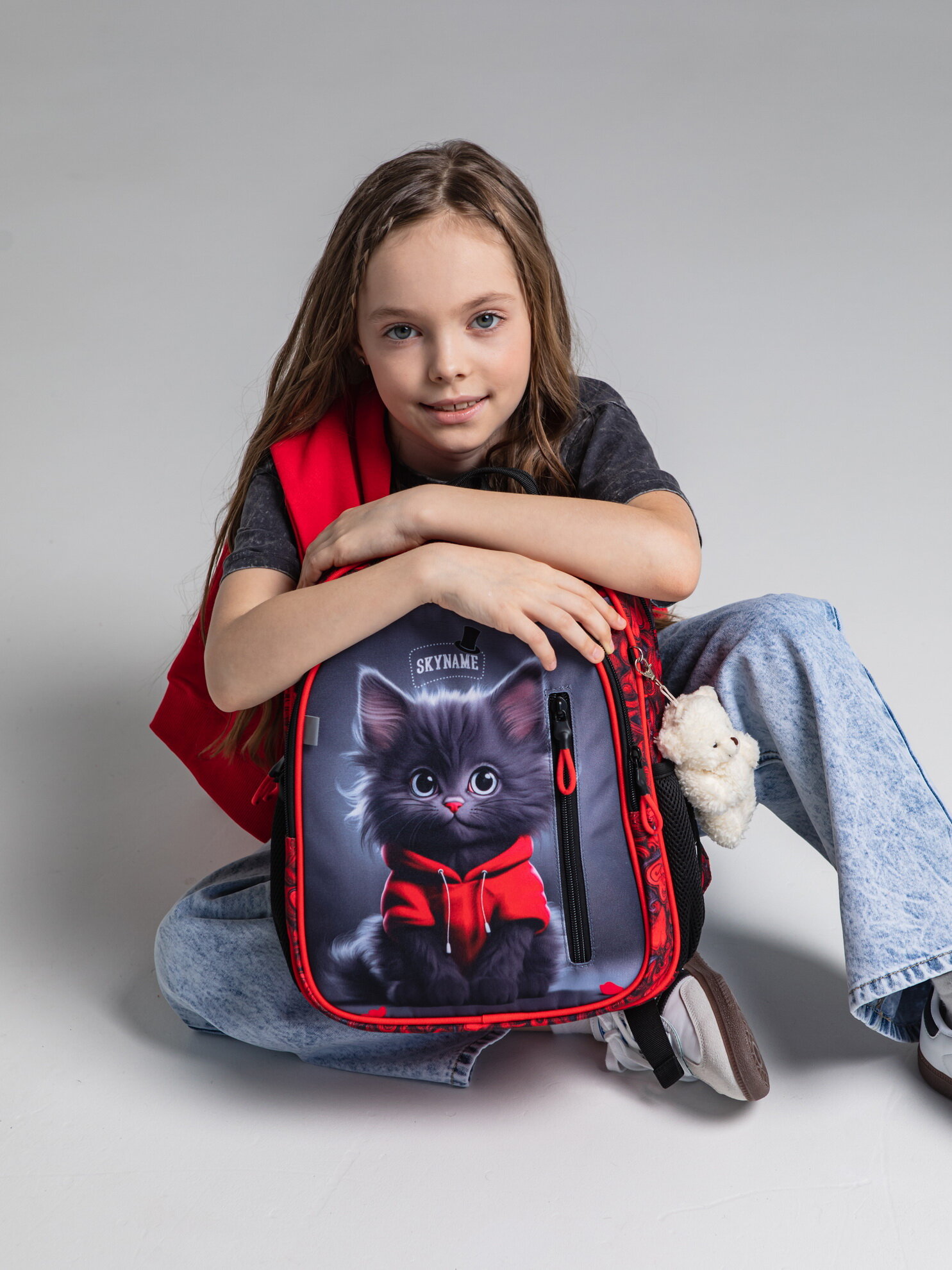 Рюкзак школьный для девочки 17 л для 1-4 класса с анатомической спинкой SkyName (СкайНейм), с мишкой