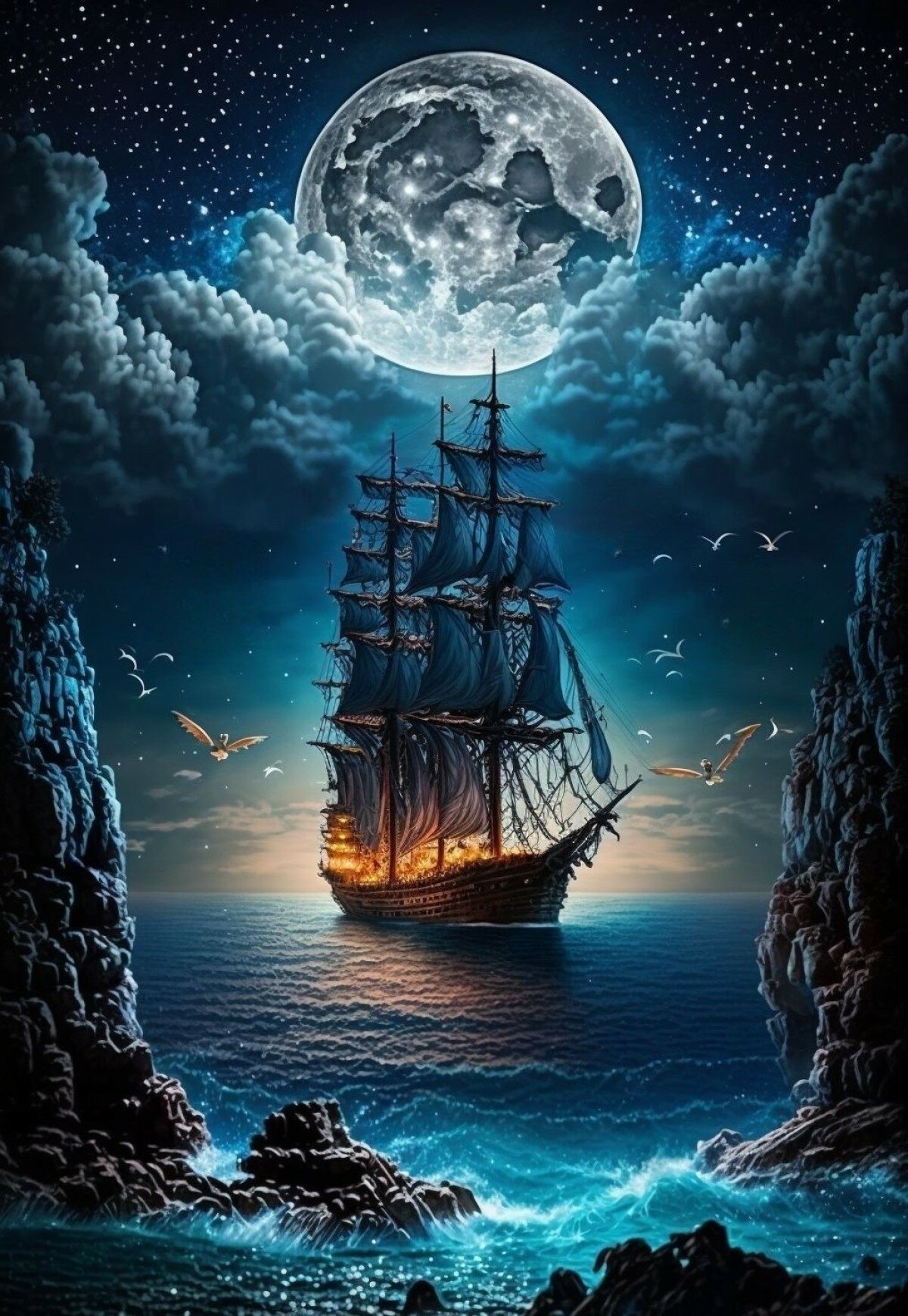 Алмазная мозаика 40x50 см. на холсте с подрамником (картина стразами, алмазная вышивка) Корабль в лунном свете