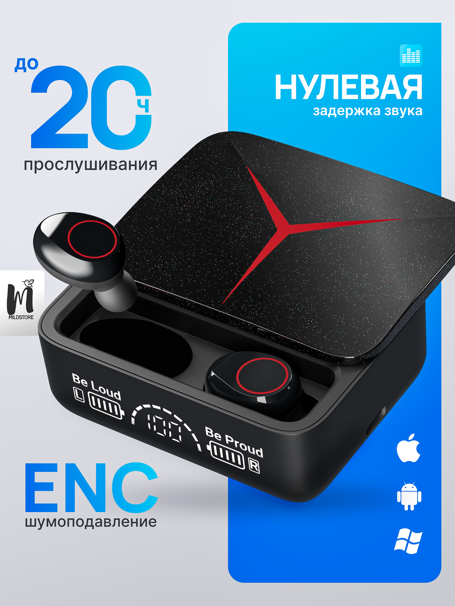 Беспроводные TWS наушники c Power Bank 1200 mAh/ Наушники с сенсорным управлением/ Bluetooth 5.3/ индивидуальный дизайн/ черные