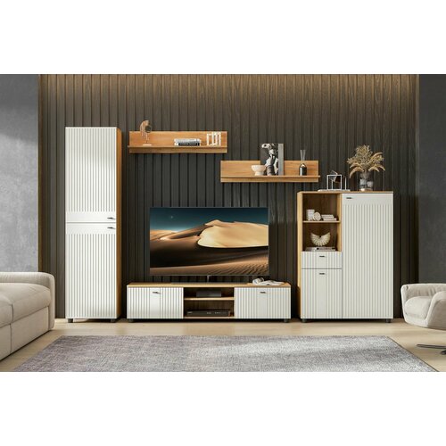 Гостиная Милан дуб золотой/белый матовый, размер 300.3х41.6х191.4 см