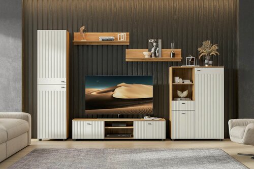 Изображение товара Гостиная Милан дуб золотой/белый матовый, размер 300.3х41.6х191.4 см