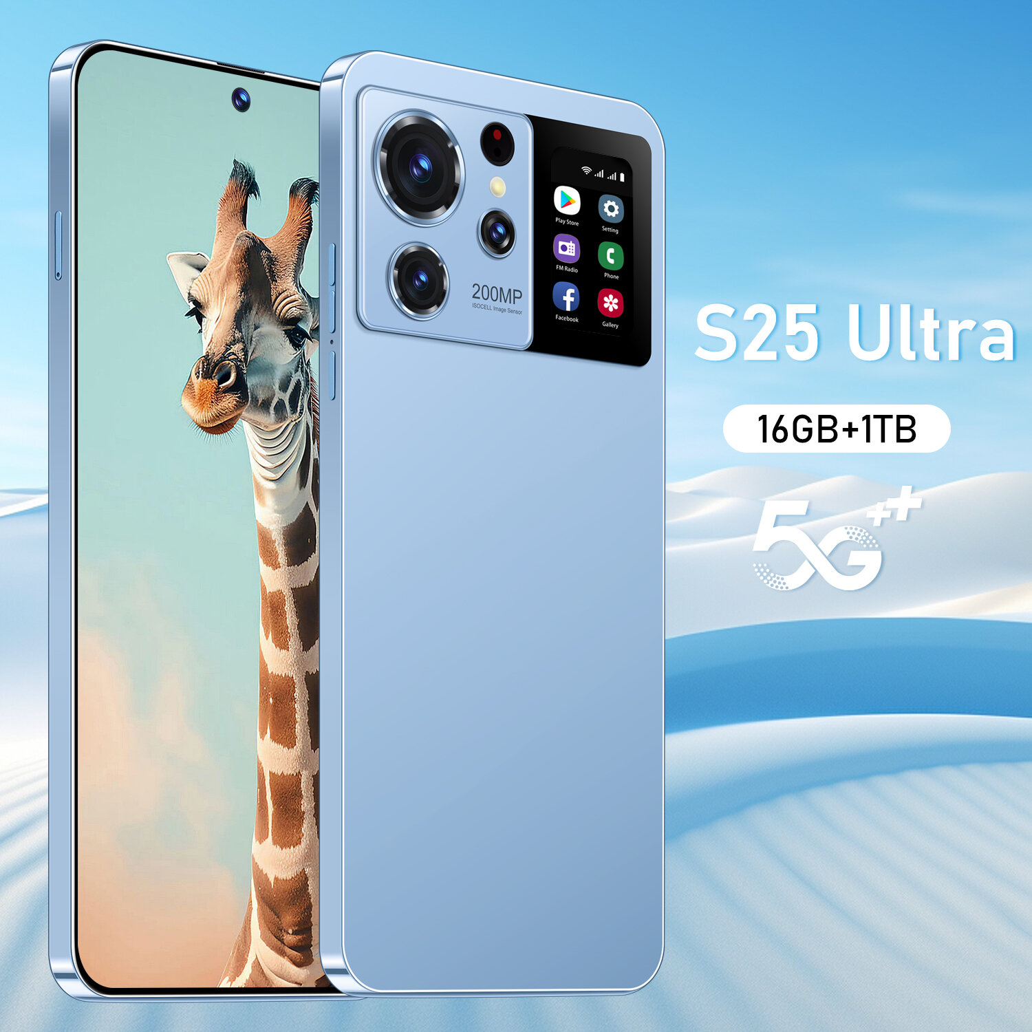 Смартфон, S25 Ultra, поддержка русского языка, дополнительный экран, сеть 5G, память 16 ГБ + 1 ТБ, NFC, Android 13, синий