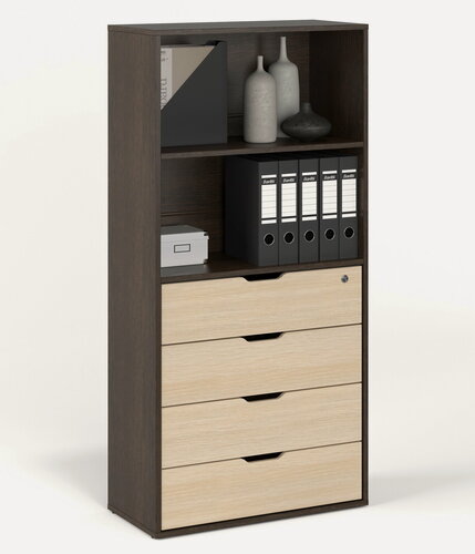 Изображение товара Стеллаж БАНГА-34 Венге - Дуб молочный, с ящиками и открытой полкой, (ВхШхГ) 142,6х69,8х32,6 см, ЛДСП