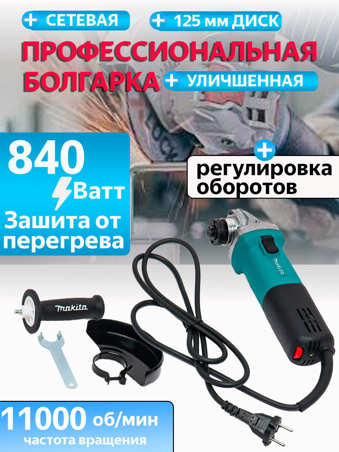 Болгарка с контроллером, сетевая, 125 мм для шлифования и резки