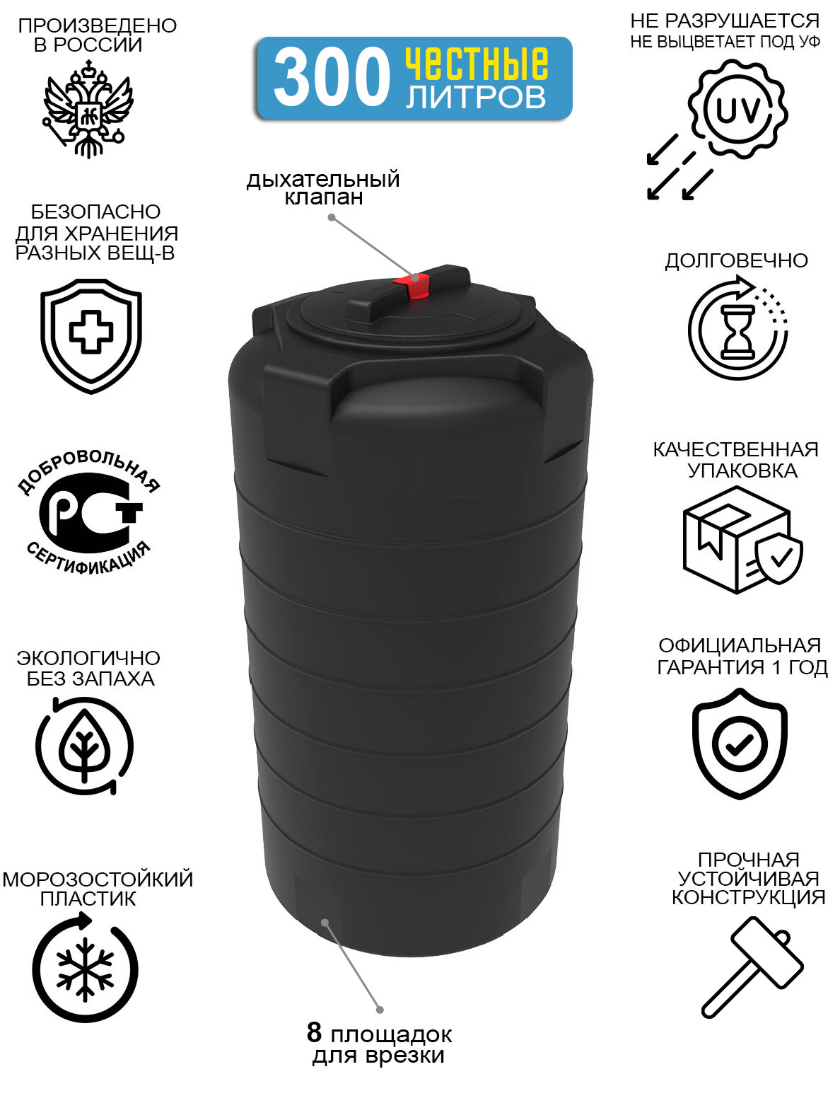 Емкость 300 л. литров для питьевой воды пластиковая / пищевой полиэтилен / садовая бочка, бак для полива, топлива, сыпучих, душа 200, 227, 250