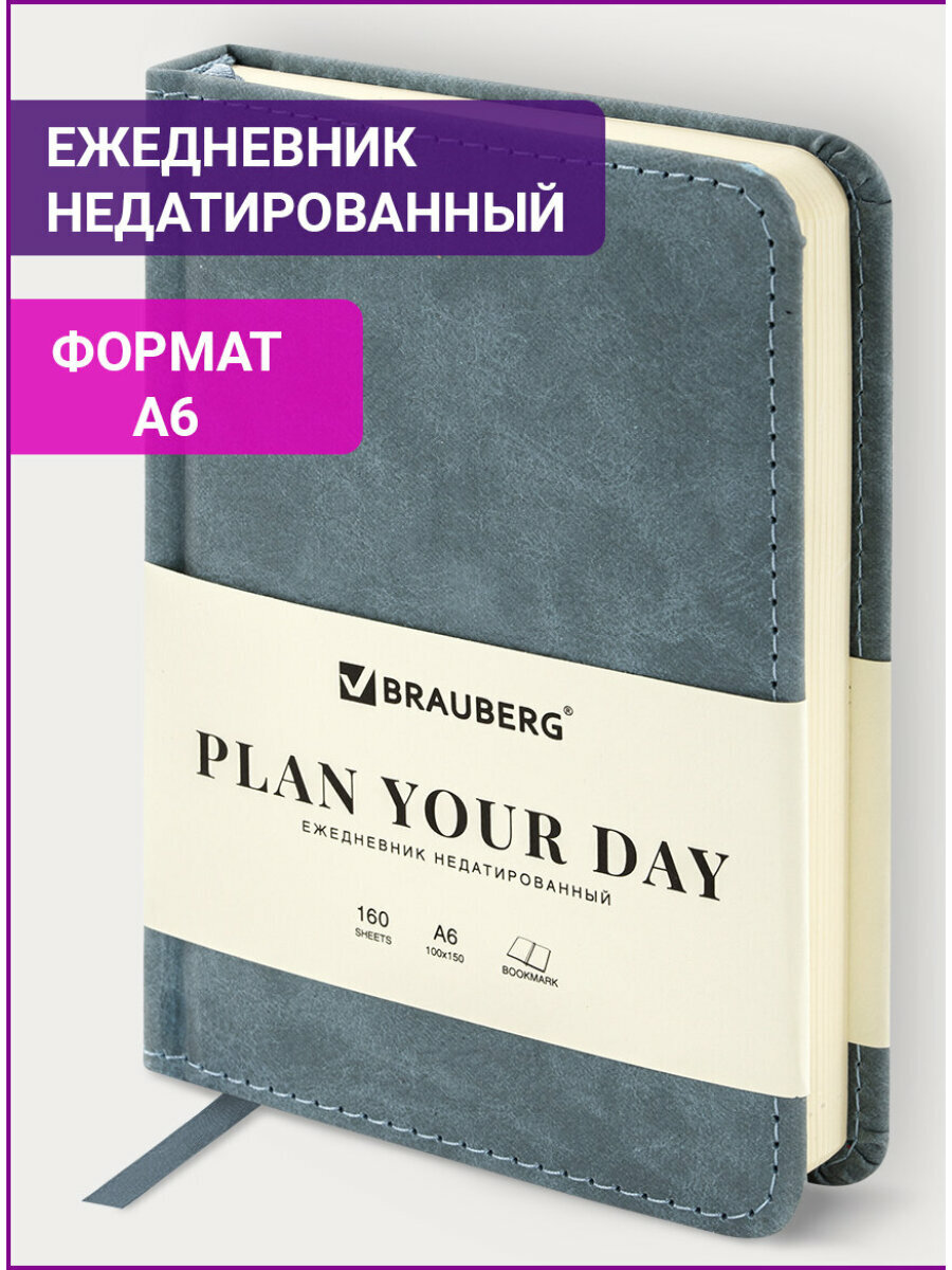 Ежедневник-планер (планинг) / записная книжка / блокнот недатированный Малый Формат 100х150 мм А6 Brauberg Status, 160 л, под кожу, серо-голубой, 113369
