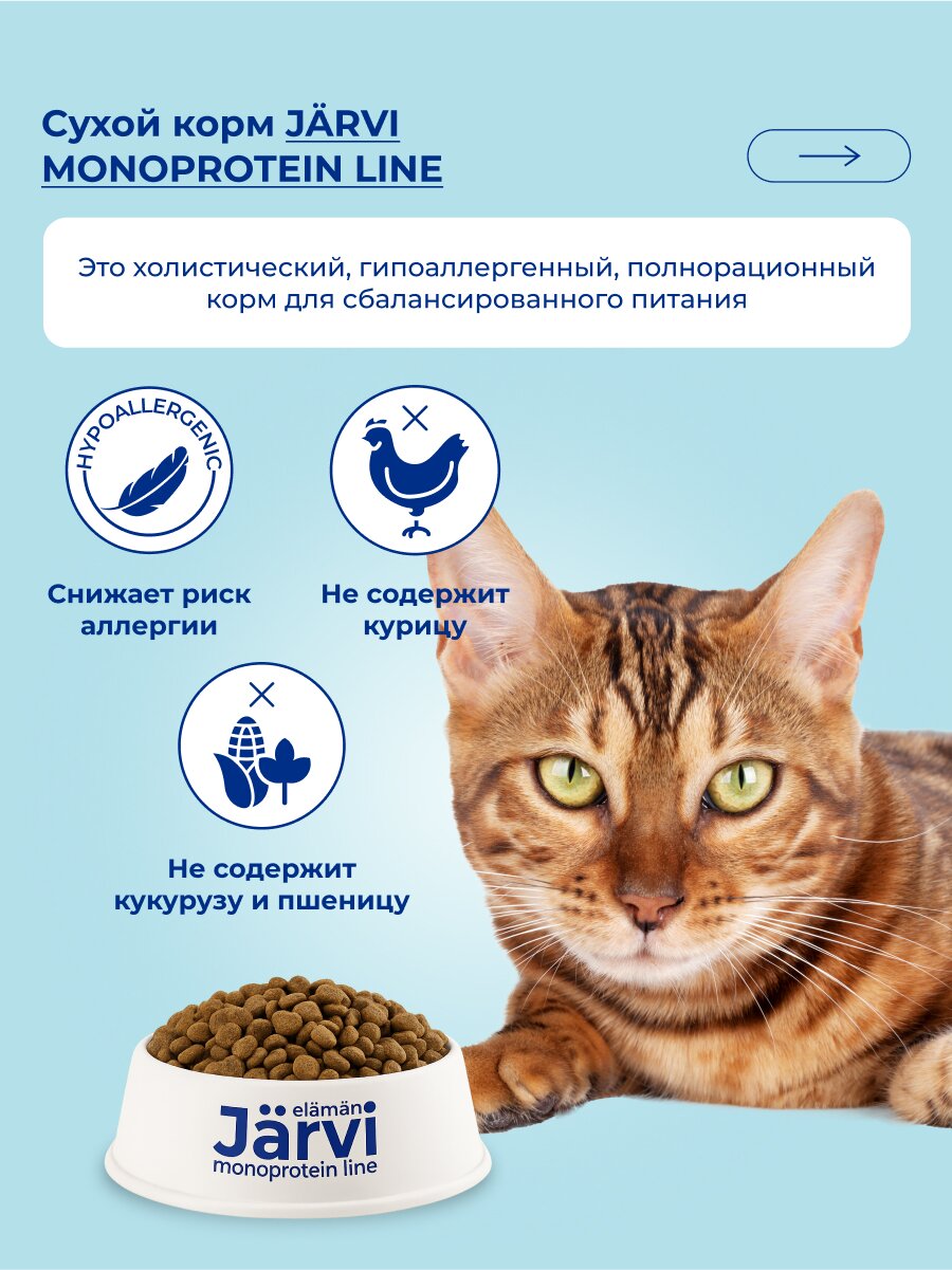Сухой корм Jarvi монопротеиновый полнорационный для кошек с чувствительным пищеварением Индейка, 800 г — фото 1
