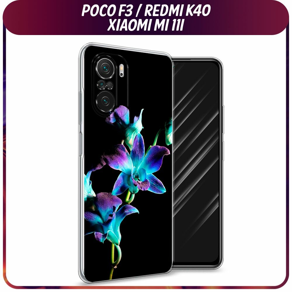 Чехол на Xiaomi Poco F3/Redmi K40/Mi 11i / Поко F3/Редми K40/Ми 11i с принтом "Синий цветок на черном"