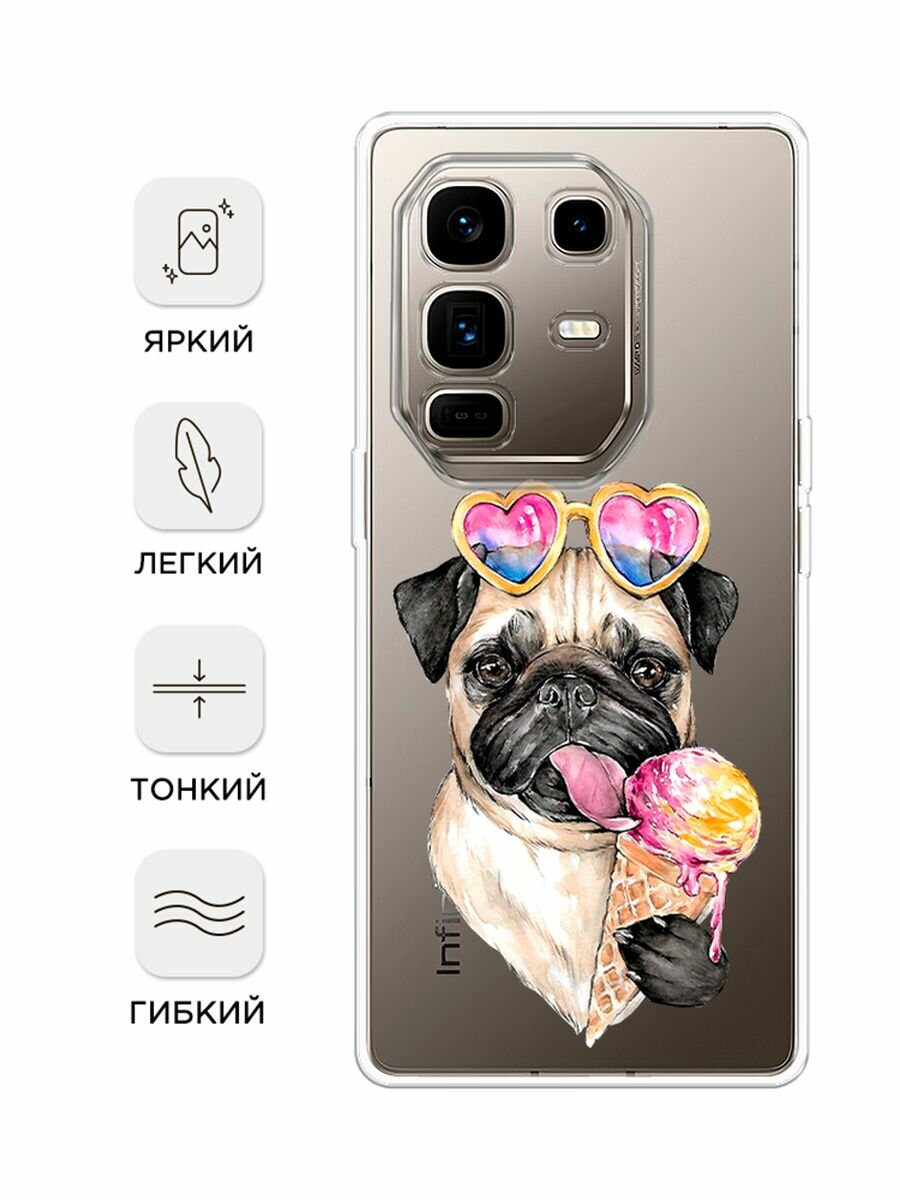 Чехол на Infinix Note 50 Pro + / Инфиникс Нот 50 Про + с принтом Мопс с мороженкой, прозрачный — фото 1